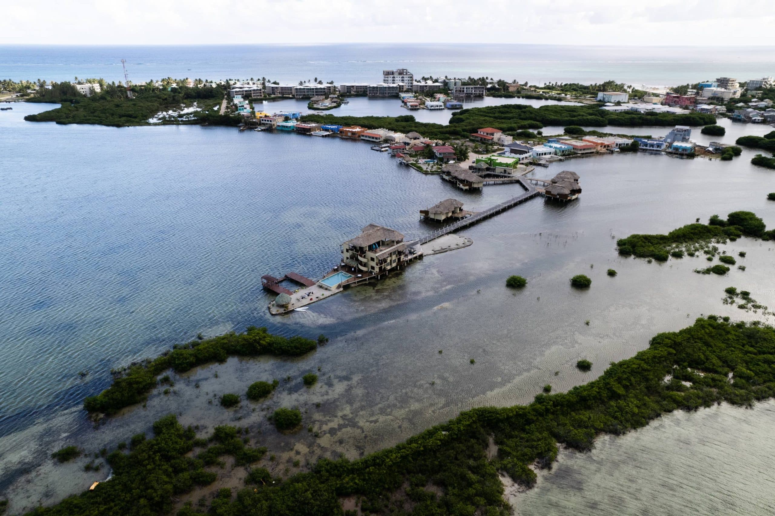 Aerial view of Lina Point Overwater Resort in San Pedro, Belize